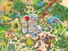 First Look at the World of PAW Patrol Map Ahead of Opening at Chessington World of Adventures Resort Isometric map of a large theme park with roller coasters, rides, trees, water features, and buildings viewed from above for navigation.