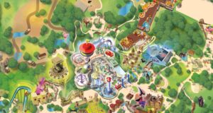 First Look at the World of PAW Patrol Map Ahead of Opening at Chessington World of Adventures Resort Isometric map of a large theme park with roller coasters, rides, trees, water features, and buildings viewed from above for navigation.