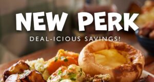 25% Off Toby Carvery, Harvester & More – New Passholder Perk! Promotional image for Toby Carvery showing a plated roast dinner with potatoes and veg, plus 'NEW PERK' and '25% OFF MAINS' badges and logos.