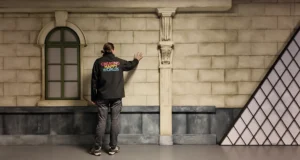 Rally Flåklypa: Why This New Norwegian Dark Ride Should Be on the UK Industry’s Radar Person in a black jacket with the words 'Creating Happy Worlds' on the back, placing a hand on a beige stone wall in a studio-like setting with a decorative column nearby.