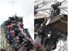 POLL: Better Overall Coaster Lineup: Alton Towers or Thorpe Park? Collage showing a crowded roller coaster car with riders raising their arms on the left, and people dangling from a large amusement ride on the right.
