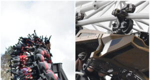 POLL: Better Overall Coaster Lineup: Alton Towers or Thorpe Park? Collage showing a crowded roller coaster car with riders raising their arms on the left, and people dangling from a large amusement ride on the right.