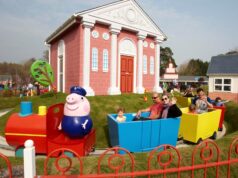 Grandpa Pig’s Little Train to Close Briefly for Essential Maintenance Colorful children's train ride with a Peppa Pig figure, red engine and blue/yellow cars, carrying families past a pink building.
