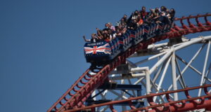 Happy 32nd Birthday to The Big One – The Roller Coaster That Changed Britain Forever A roller coaster car full of riders on a red track at Pleasure Beach under a clear blue sky.
