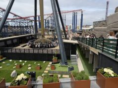 Pictures Showing AVIKTAS at Blackpool Pleasure Beach: The UK’s New Giant Swing Dominates the Skyline Amusement park ride with a circular rotating gondola around a tall central column; roller coasters visible in the background.