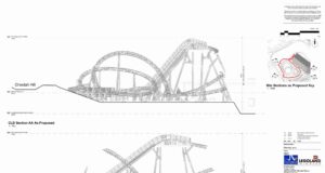 LEGOLAND Windsor Submits Plans for New Coaster to Replace Viking River Splash Architectural drawing of a roller coaster (Cheetah Hill) with site plan inset, titled CLD Section AA As Proposed; includes scale 1:100 and labels for site sections at Legoland Windsor