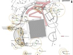Alton Towers Planning Documents Reveal New Walkthrough Experience for X-Sector Engineering site plan of a facility showing a central equipment block (grid-like) with red dashed 15 m queue lines and orange safety buffers around scattered utility points.