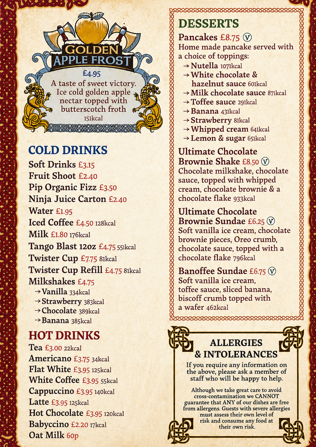 The Feasting Hall Menu at Paultons Park
