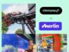 Clearpay Becomes Merlin Entertainments’ Preferred BNPL Partner Collage showing a roller coaster ride, Clearpay x Merlin logos, families at an aquarium, and children riding a dragon-themed water ride for a theme park day.