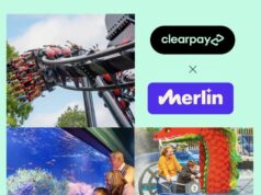 Clearpay Becomes Merlin Entertainments’ Preferred BNPL Partner Collage showing a roller coaster ride, Clearpay x Merlin logos, families at an aquarium, and children riding a dragon-themed water ride for a theme park day.
