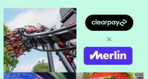 Clearpay Becomes Merlin Entertainments’ Preferred BNPL Partner Collage showing a roller coaster ride, Clearpay x Merlin logos, families at an aquarium, and children riding a dragon-themed water ride for a theme park day.