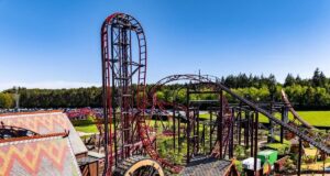 Drakon at Paultons Park: Ride Guide, Height Restrictions & Accessibility Red steel roller coaster with tall looping track in a sunny outdoor amusement park, with trees and blue sky in the background.