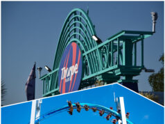 Could Cedar Point’s “Morning Rush” Concept Work at UK Theme Parks? Entrance sign at Cedar Point with teal arches and a roller coaster structure against a blue sky as riders zoom by above the track.