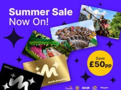 Merlin Annual Pass Summer Sale: £50 OFF Gold and Platinum Passes Purple Merlin Annual Pass promo poster with 'Summer Sale Now On!', gold/black pass cards, ride photos, and a yellow 'Save £50pp' badge.
