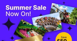 Merlin Annual Pass Summer Sale: £50 OFF Gold and Platinum Passes Purple Merlin Annual Pass promo poster with 'Summer Sale Now On!', gold/black pass cards, ride photos, and a yellow 'Save £50pp' badge.