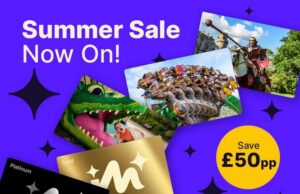 Merlin Annual Pass Summer Sale: £50 OFF Gold and Platinum Passes Purple Merlin Annual Pass promo poster with 'Summer Sale Now On!', gold/black pass cards, ride photos, and a yellow 'Save £50pp' badge.