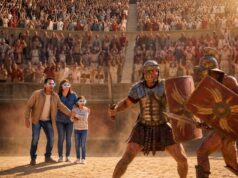 PortAventura World and Vekoma Launch WeRiseUp to Shape the Future of Mixed Reality Attractions A family of four watches two armored gladiators clash in an ancient arena, with a cheering crowd in the stands behind them.