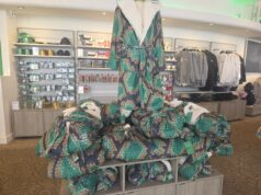 From Hoodies to Collectables: Pictures of Aviktas Merchandise Tall display of green and brown snake-print robes wrapped around a mannequin in a clothing store, with shelves of accessories in the background.