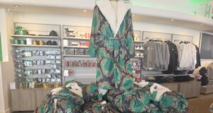 From Hoodies to Collectables: Pictures of Aviktas Merchandise Tall display of green and brown snake-print robes wrapped around a mannequin in a clothing store, with shelves of accessories in the background.