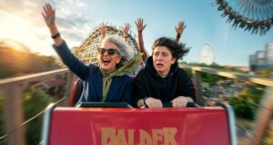 Liseberg and Professor Micael Dahlen launch research initiative on happiness Woman in blue blazer and green scarf waves joyfully on a roller coaster ride beside a terrified young man in a black hoodie; amusement park background with roller coaster and Ferris wheel under a blue sky (motion blurred).