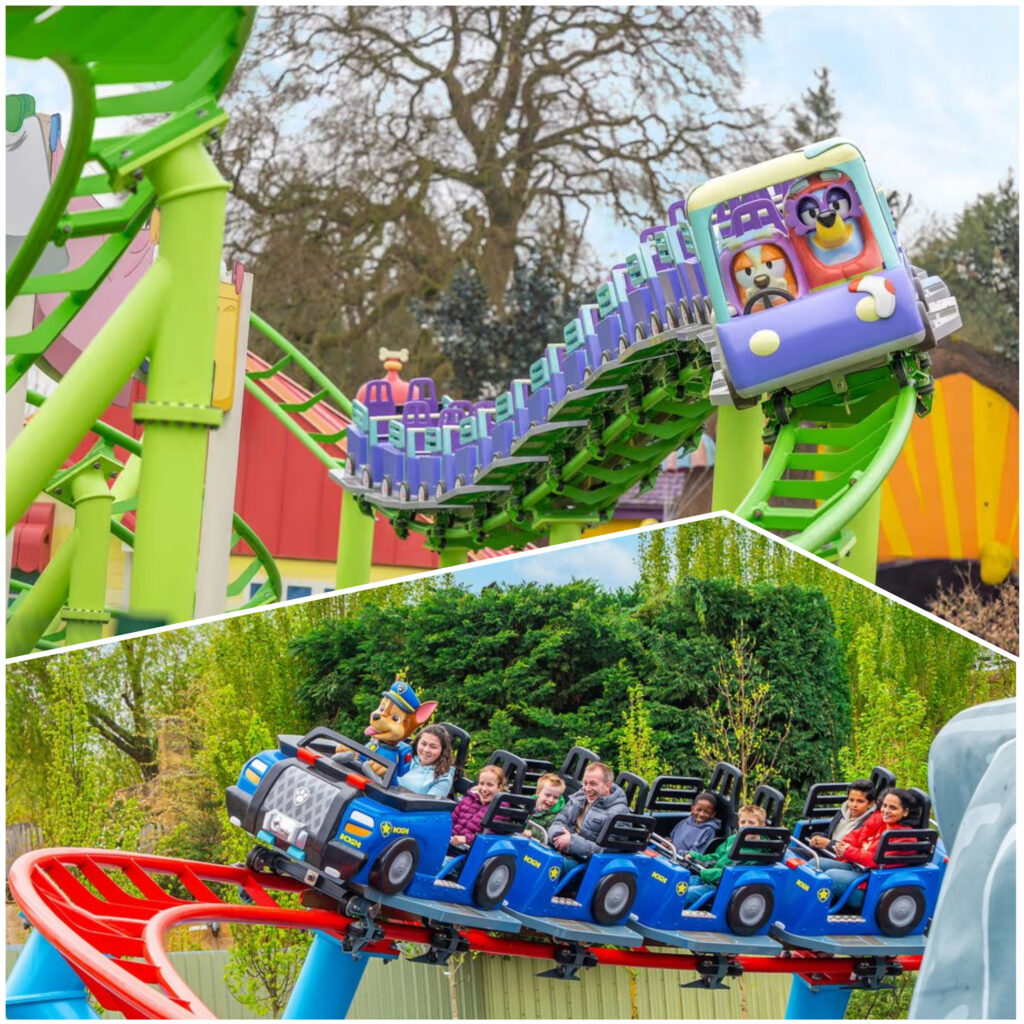 Riders scream with excitement on a blue roller coaster car traveling along bright green tracks outdoors at a theme park