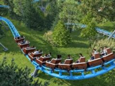 New for 2027: Eagle’s Pursuit Family Launch Coaster Announced at Waldameer Bright blue roller coaster loop with riders seated in open cars passing over a green park.