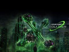 Warner Bros. World Announces New Family Ride and Superman Roller Coaster Promotional poster for Kryptonite Collide: a vivid green neon roller coaster towering over a dark, futuristic city with riders seated in pods and a man standing in the foreground.