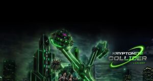 Warner Bros. World Announces New Family Ride and Superman Roller Coaster Promotional poster for Kryptonite Collide: a vivid green neon roller coaster towering over a dark, futuristic city with riders seated in pods and a man standing in the foreground.