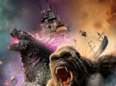 Kong x Godzilla: The Ride Opening at Lotte World Adventure in South Korea Two giant monsters roar as they rampage through a chaotic city with a castle-like tower in the background and fiery skies.