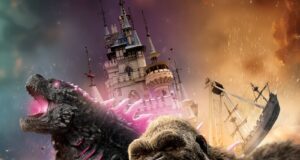 Kong x Godzilla: The Ride Opening at Lotte World Adventure in South Korea Two giant monsters roar as they rampage through a chaotic city with a castle-like tower in the background and fiery skies.