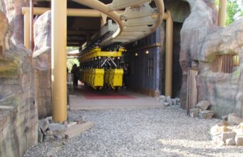 Behind the Scenes Photos of Flight of the Pterosaur at Paultons Park You Need to See Yellow roller coaster train parked on the track inside a rocky, cave-like station area.
