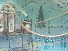 Efteling Announces New Suspended Launch Coaster for 2029 Stylized illustration of a roller coaster looping around a vintage building, with a teal sky and string lights.