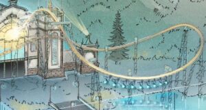 Efteling Announces New Suspended Launch Coaster for 2029 Stylized illustration of a roller coaster looping around a vintage building, with a teal sky and string lights.