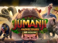 Experience Jumanji Safari Tours 4D Expedition at Madame Tussauds London Promotional poster for Jumanji: Safari Tours 4D Expedition, with giant animals looming over a cheering movie theater audience.