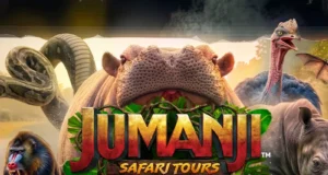 Experience Jumanji Safari Tours 4D Expedition at Madame Tussauds London Promotional poster for Jumanji: Safari Tours 4D Expedition, with giant animals looming over a cheering movie theater audience.
