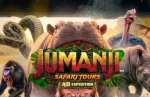 Experience Jumanji Safari Tours 4D Expedition at Madame Tussauds London Promotional poster for Jumanji: Safari Tours 4D Expedition, with giant animals looming over a cheering movie theater audience.