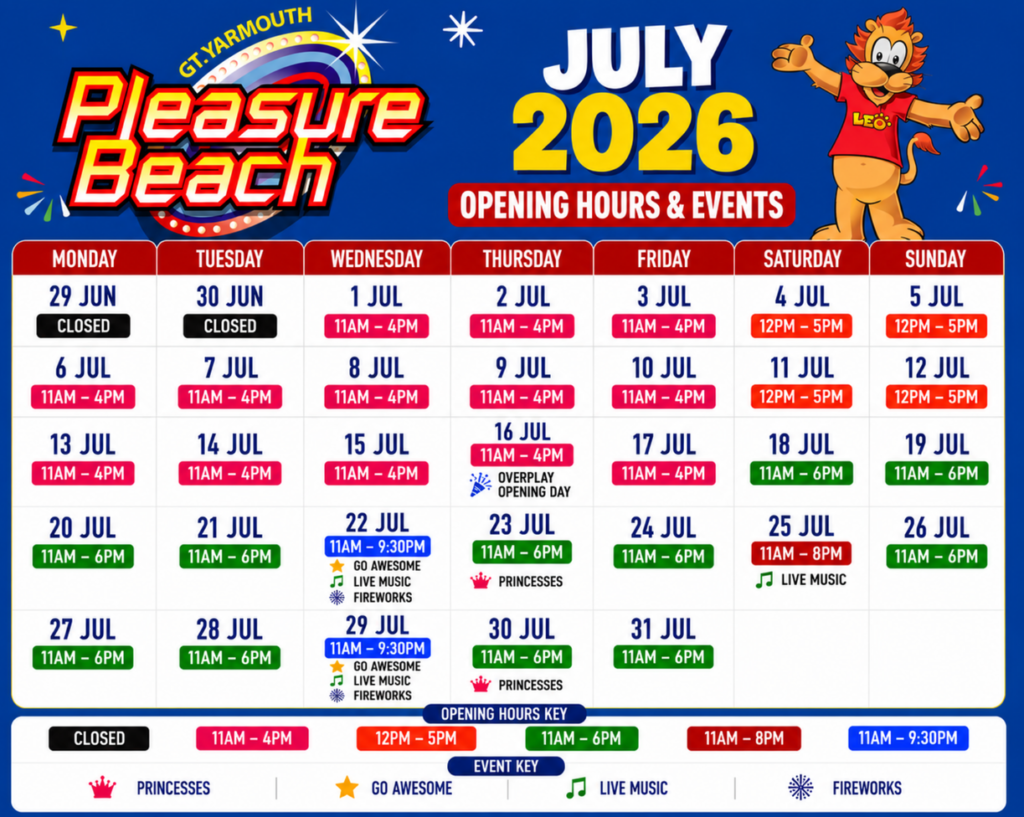 Bright July 2026 opening hours calendar for Pleasure Beach, showing daily times and events, with a cartoon mascot on the right.