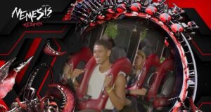 Jude Bellingham’s Legendary Nemesis Ride Photo Shared by Alton Towers People strapped into red seats on a Nemesis Reborn ride at Alton Towers, framed by a dragon-themed red-and-black graphic.