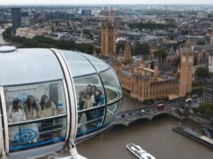 London Eye Adds Free Time Out Audio Experience to Every Ticket This Summer People inside a glass pod of the London Eye taking selfies with London's skyline and the River Thames below on a cloudy day.