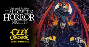 Universal Reveals Ozzy Osbourne Haunted House for Halloween Horror Nights 2026 Poster advertising Universal Studios Halloween Horror Nights, featuring a skeletal, flaming figure and bold white text.