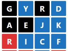 Daily Theme Park Word Puzzle 4x4 grid of square tiles with white letters on black, blue, or red backgrounds: rows read G Y R D / A E J K / R I C F / R A H E.