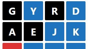 Daily Theme Park Word Puzzle 4x4 grid of square tiles with white letters on black, blue, or red backgrounds: rows read G Y R D / A E J K / R I C F / R A H E.