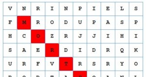 Play our Theme Park Word Search 9x9 letter grid with blue borders; red squares mark a diagonal path through the letters.