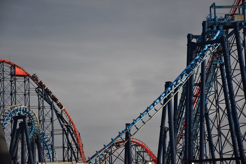 Big One and Infusion at Blackpool Pleasure Beach with bad weather moving closer